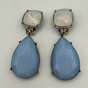 Silver Tone Clip-On Earrings Glass Opalescent Blue Teardrop Dangle 2”